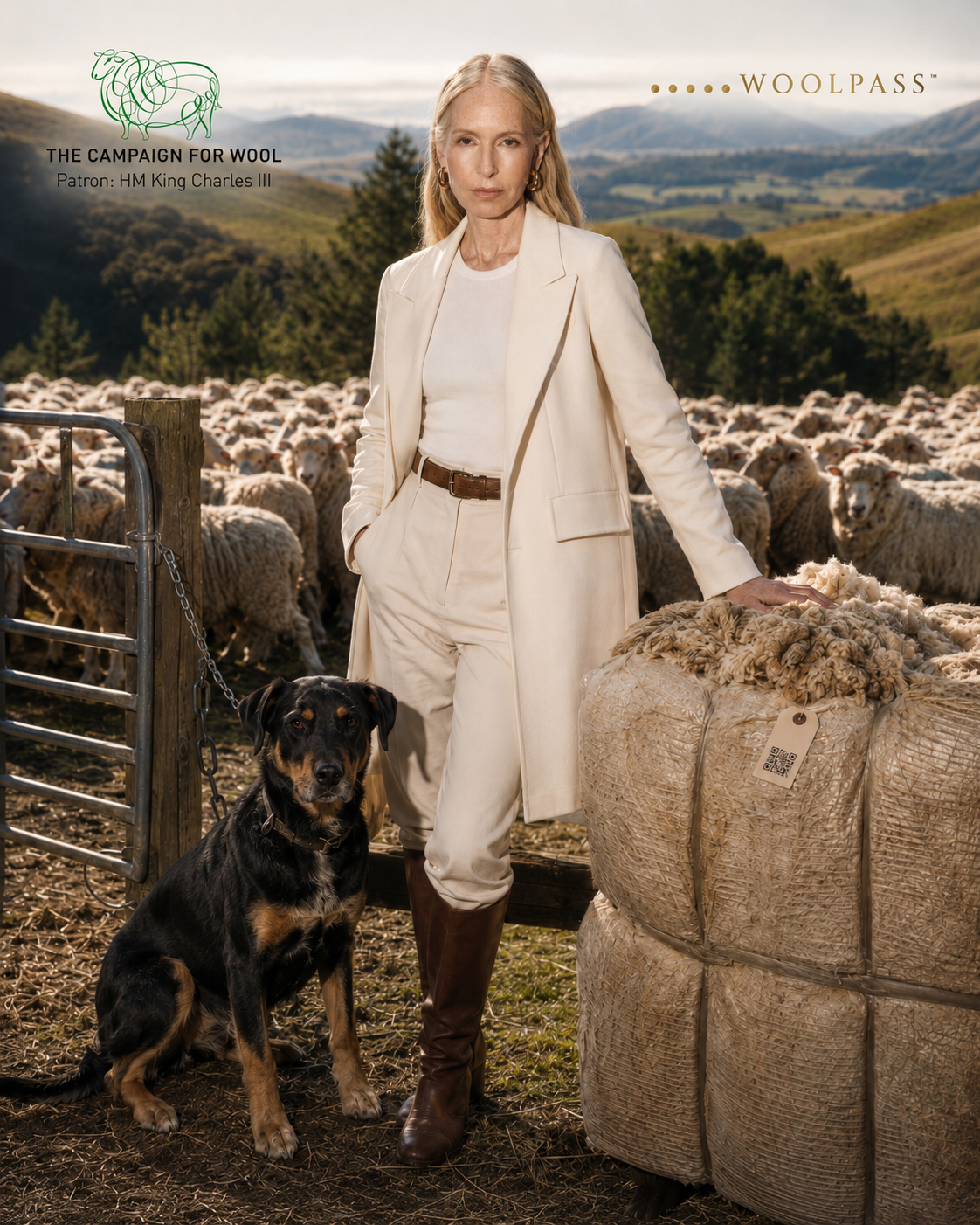 WoolPass campaign — Amanda Bransgrove with her dog beside a tagged wool bale and merino flock, high-country New Zealand