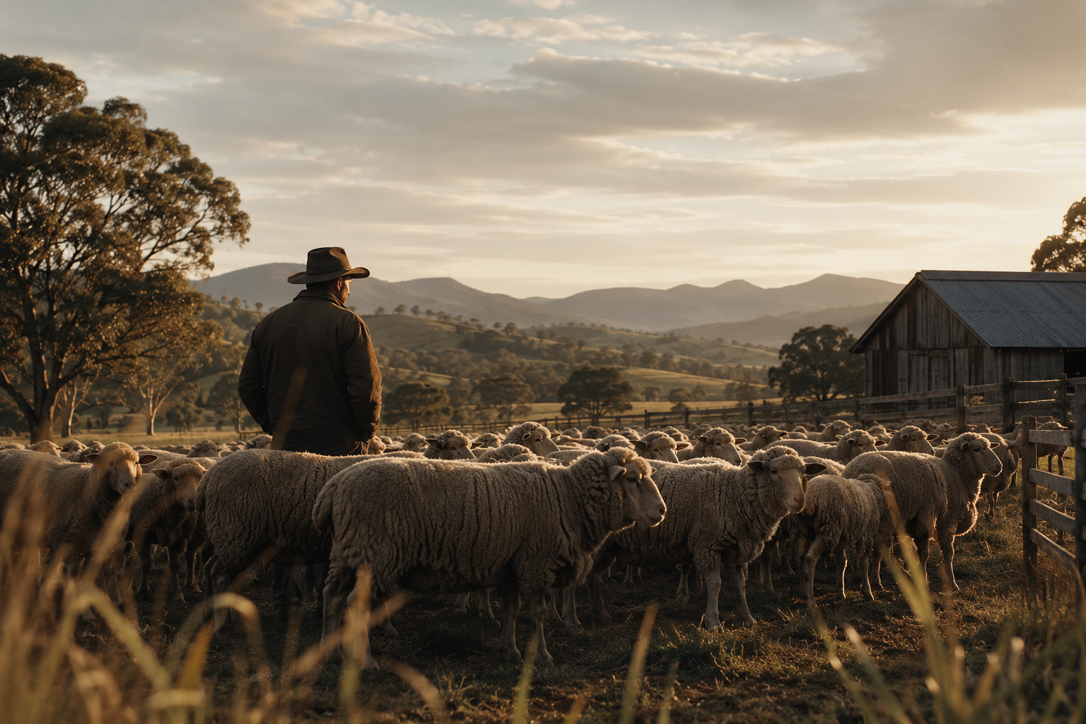 A grower watching over the flock at golden hour