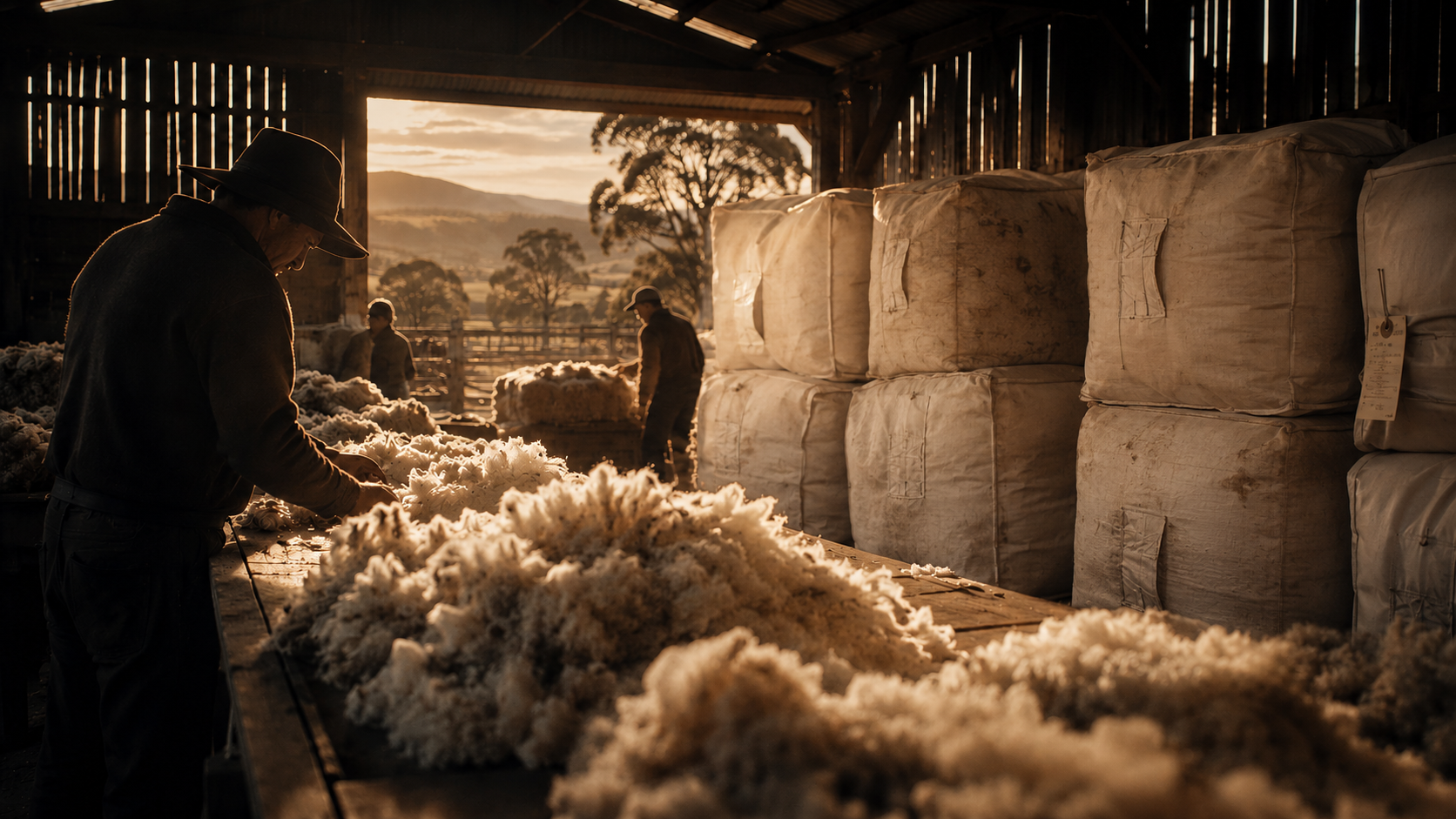 Classing and baling wool in the shed at dusk